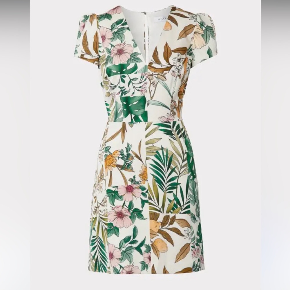 Milly Tropical Floral Mini Dress in Green and Pink